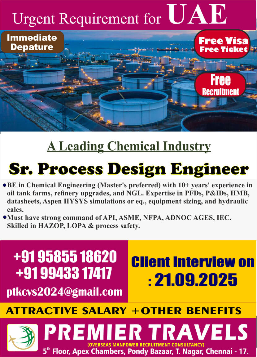 Urgent Requirement for UAE Sr. Process Design Engineer
