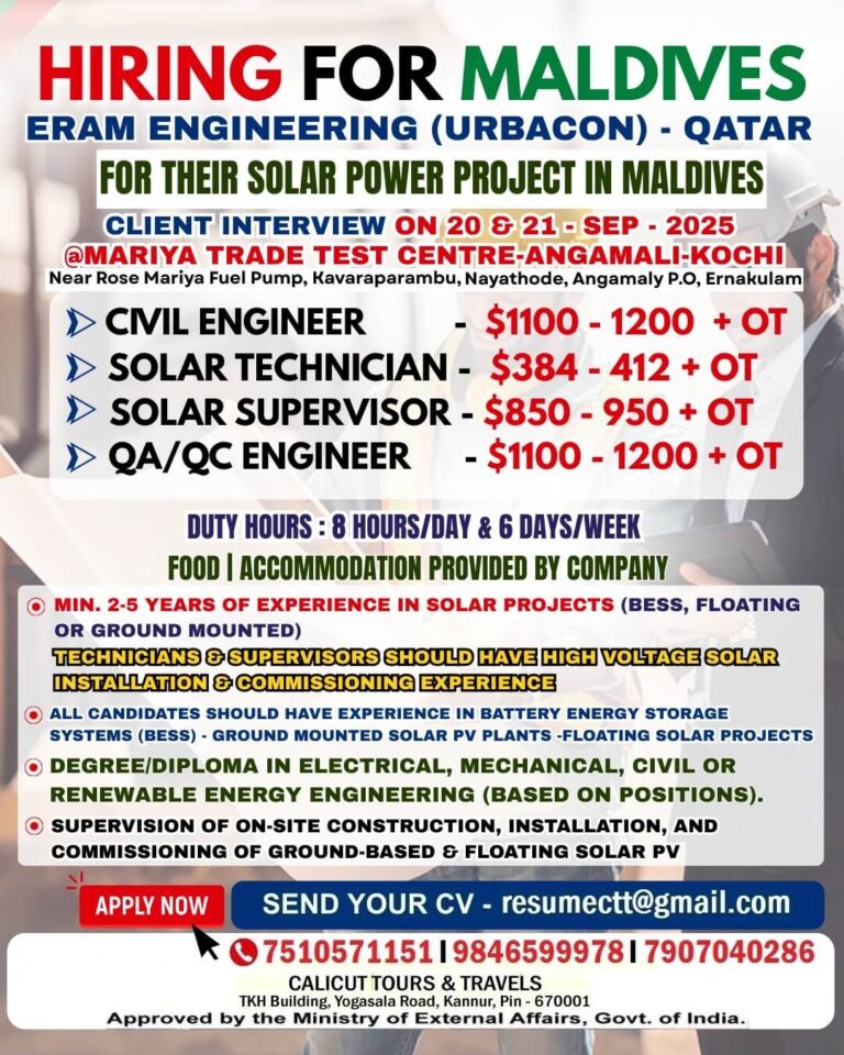 Hiring for Maldives Solar Power Project | Civil, Solar & QA/QC Jobs