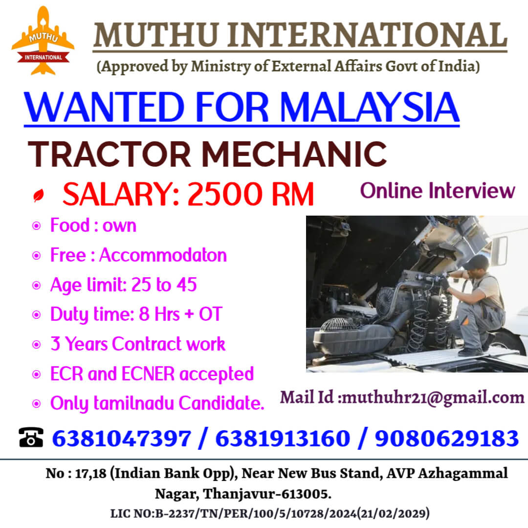 Job Opportunity: Tractor Mechanic in Malaysia