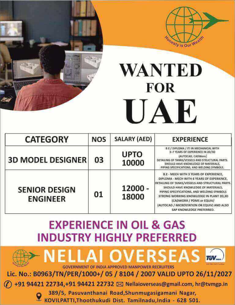 UAE Jobs 2025 – 3D Model Designer & Senior Design Engineer Vacancies