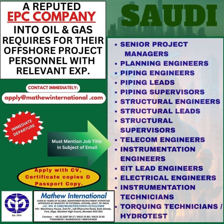 EPC Company Saudi Offshore Jobs 2025
