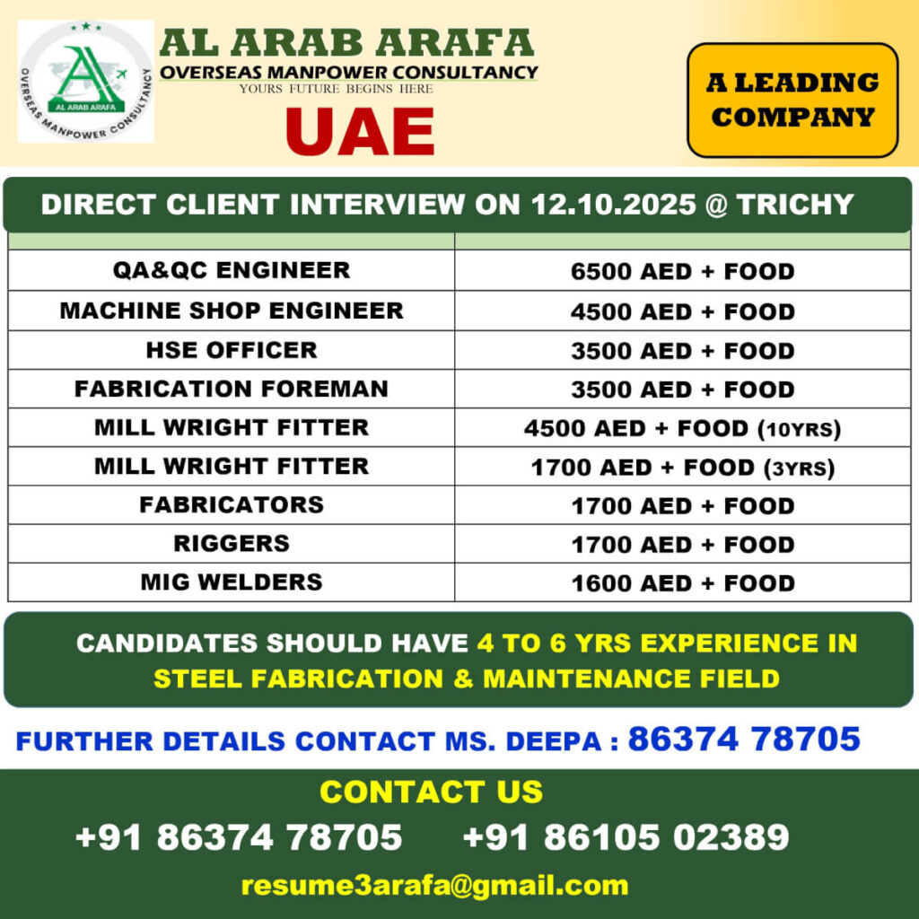 UAE Jobs 2025 – Direct Client Interview in Trichy for Engineers, Fitters & Welders 1 UAE Jobs 2025 – Direct Client Interview in Trichy for Engineers, Fitters & Welders