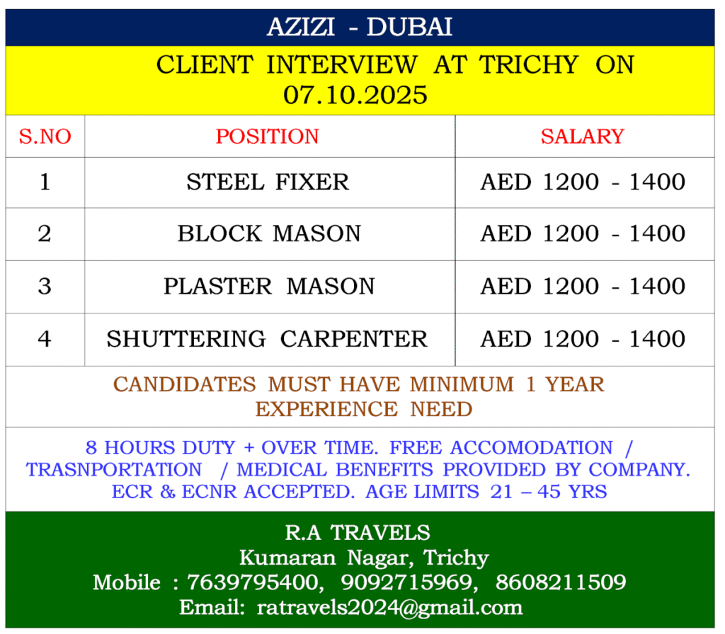 Dubai Jobs 2025 – Client Interview in Trichy 1 Dubai Jobs 2025 – Client Interview in Trichy
