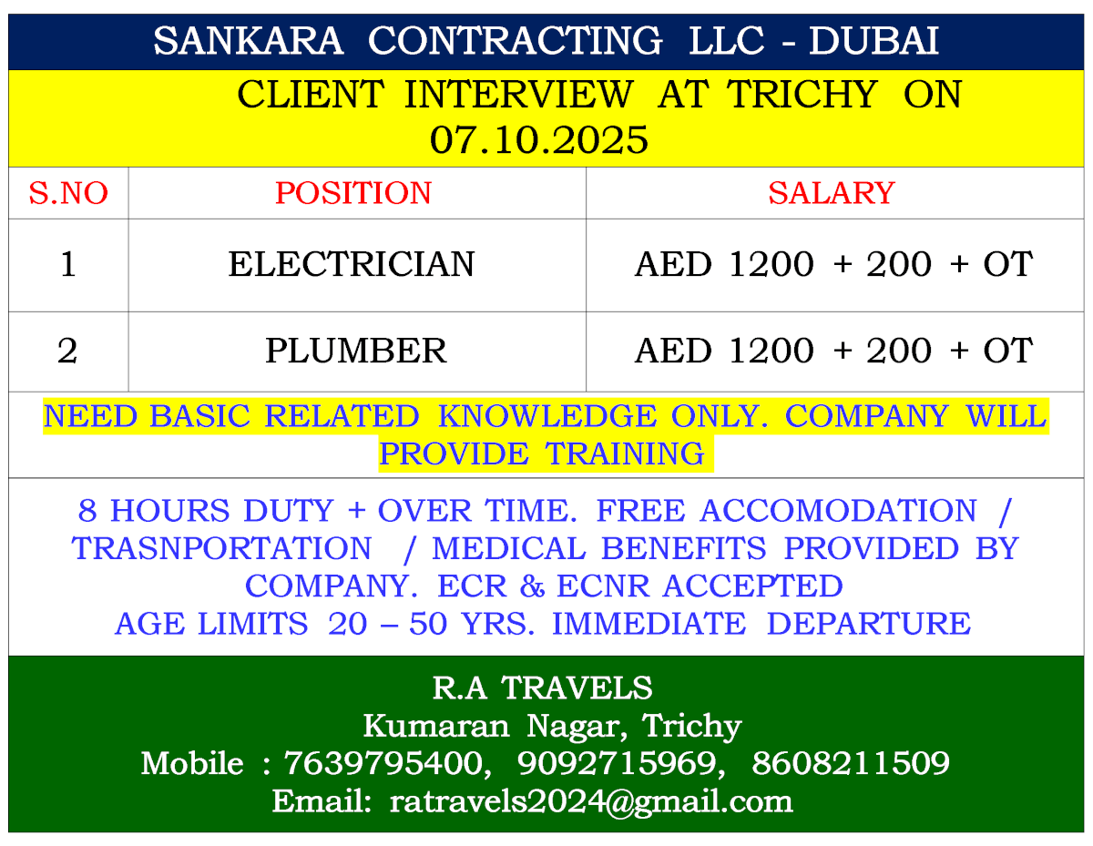 Electrician & Plumber Jobs in Dubai