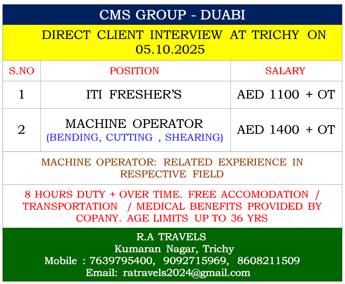 ITI Freshers and Machine Operator Jobs in Dubai – Direct Interview