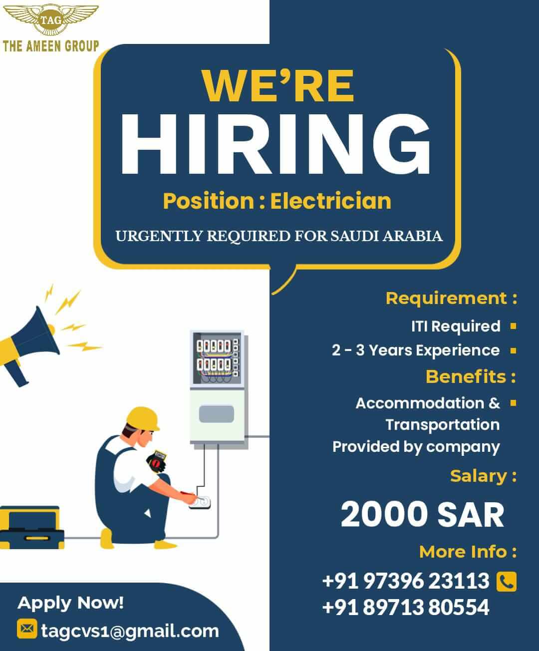 Electrician Jobs in Saudi Arabia – Apply Now
