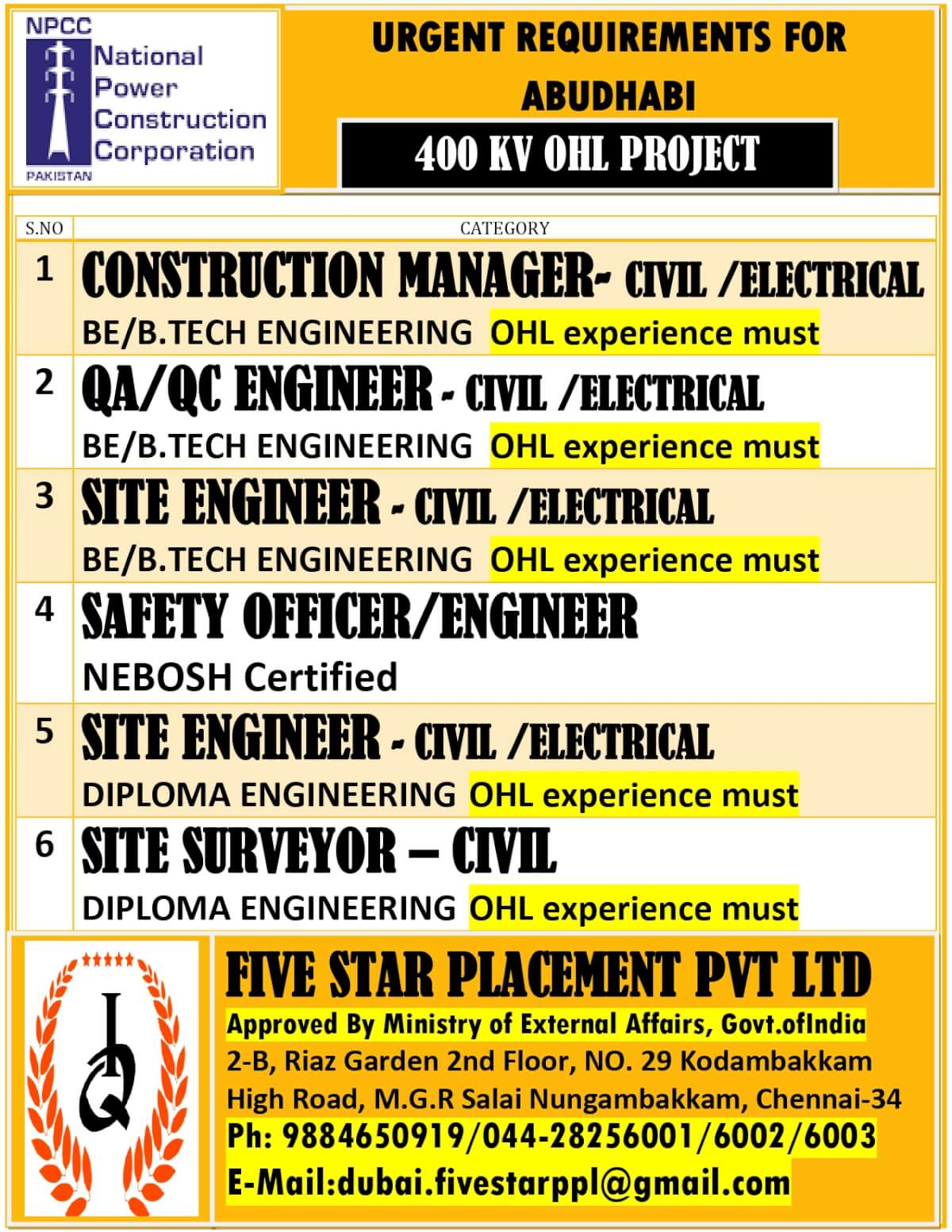 Urgent Requirement for Abu Dhabi – 400 KV OHL Project