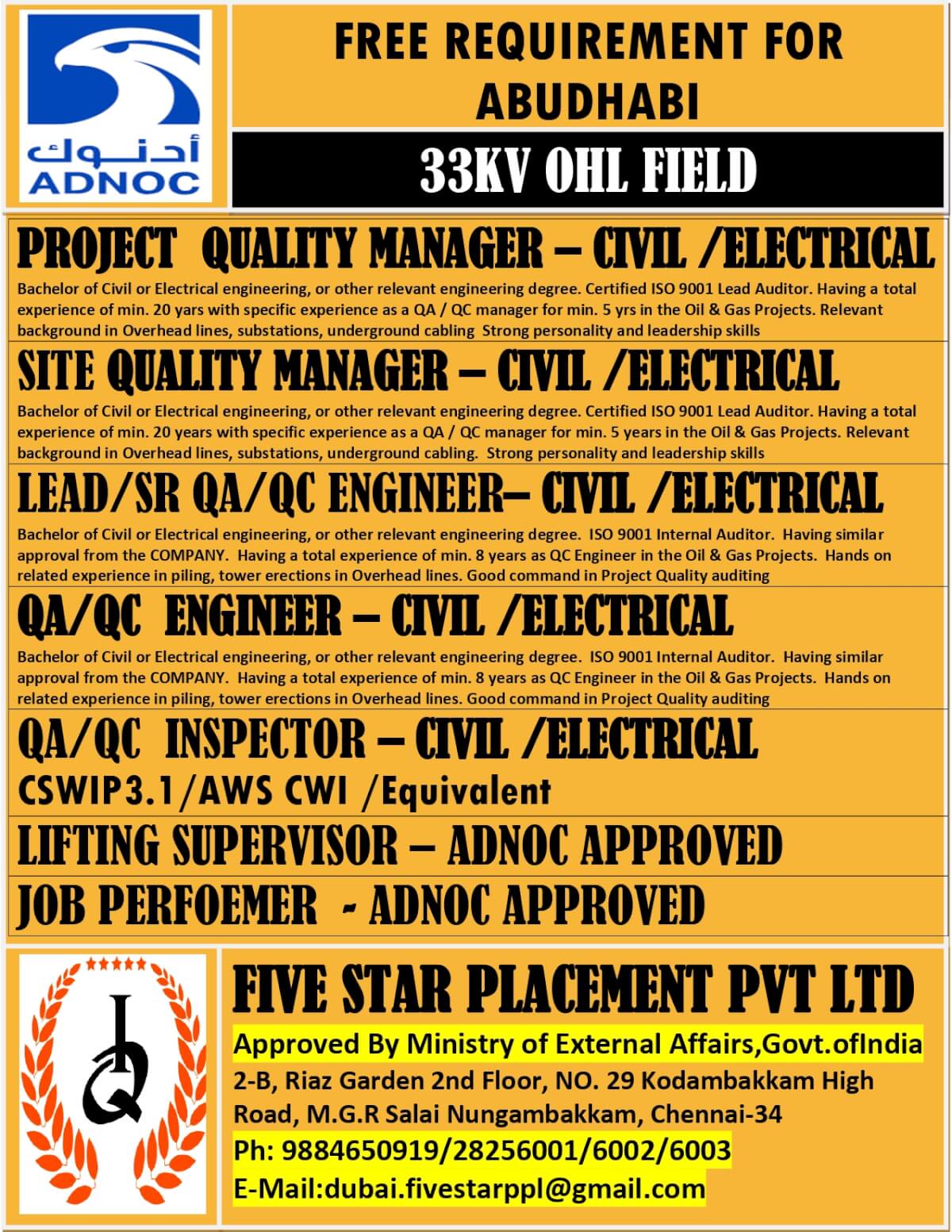 ADNOC Jobs Abu Dhabi 2025 – Free Recruitment for 33KV OHL Field