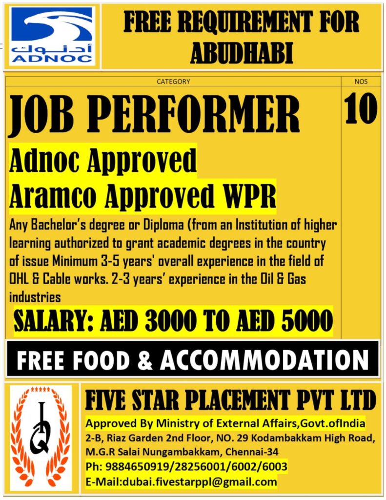 Job Performer Vacancies in Abu Dhabi – ADNOC & Aramco Approved