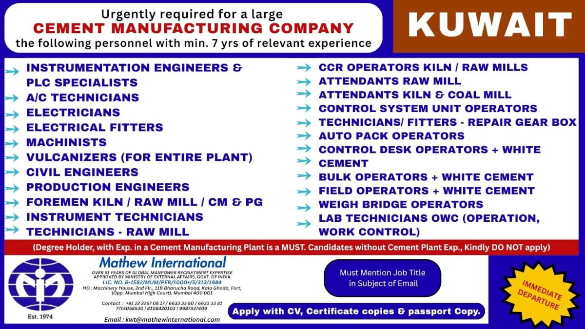 Kuwait Cement Manufacturing Jobs 2025 – Urgent Recruitment