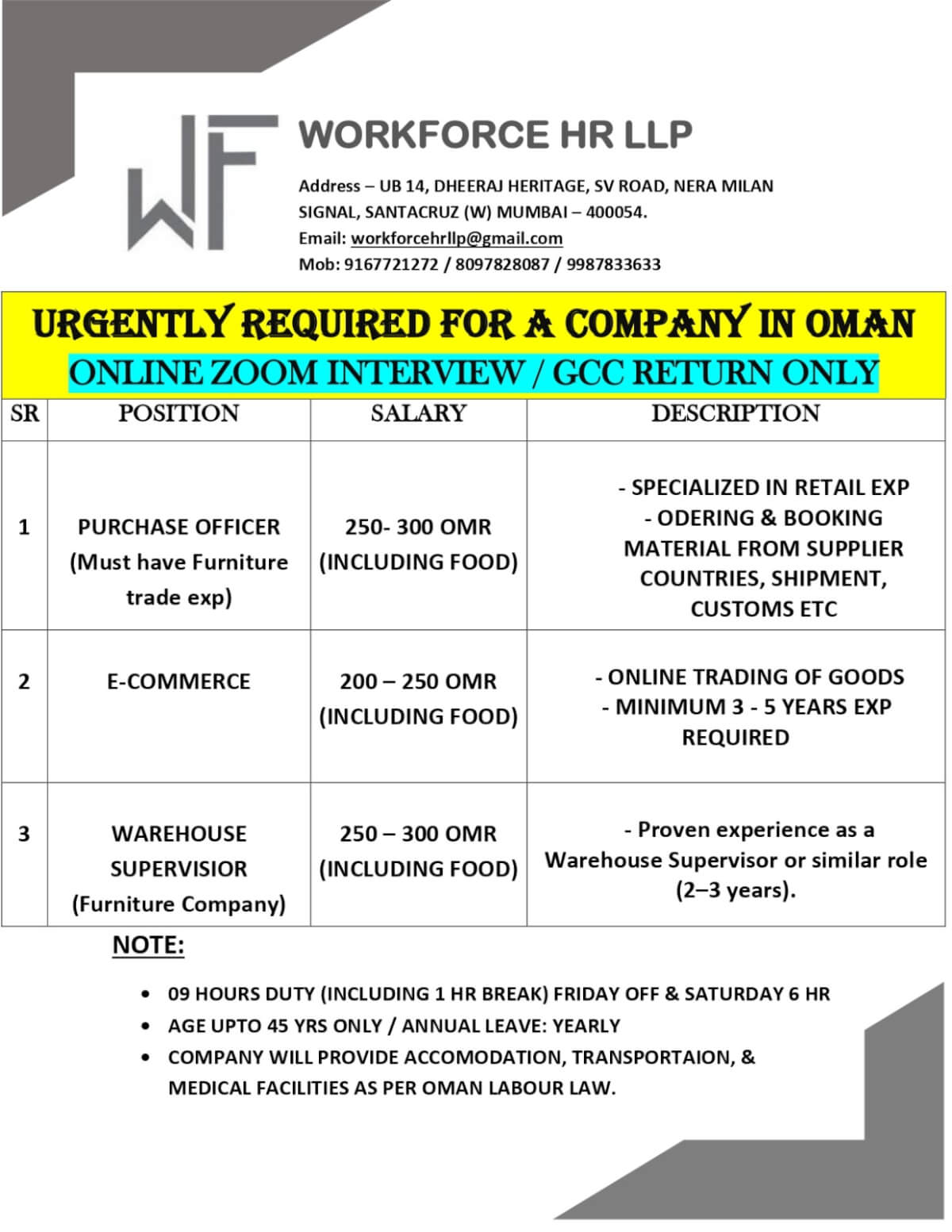 Urgently Required for a Company in Oman