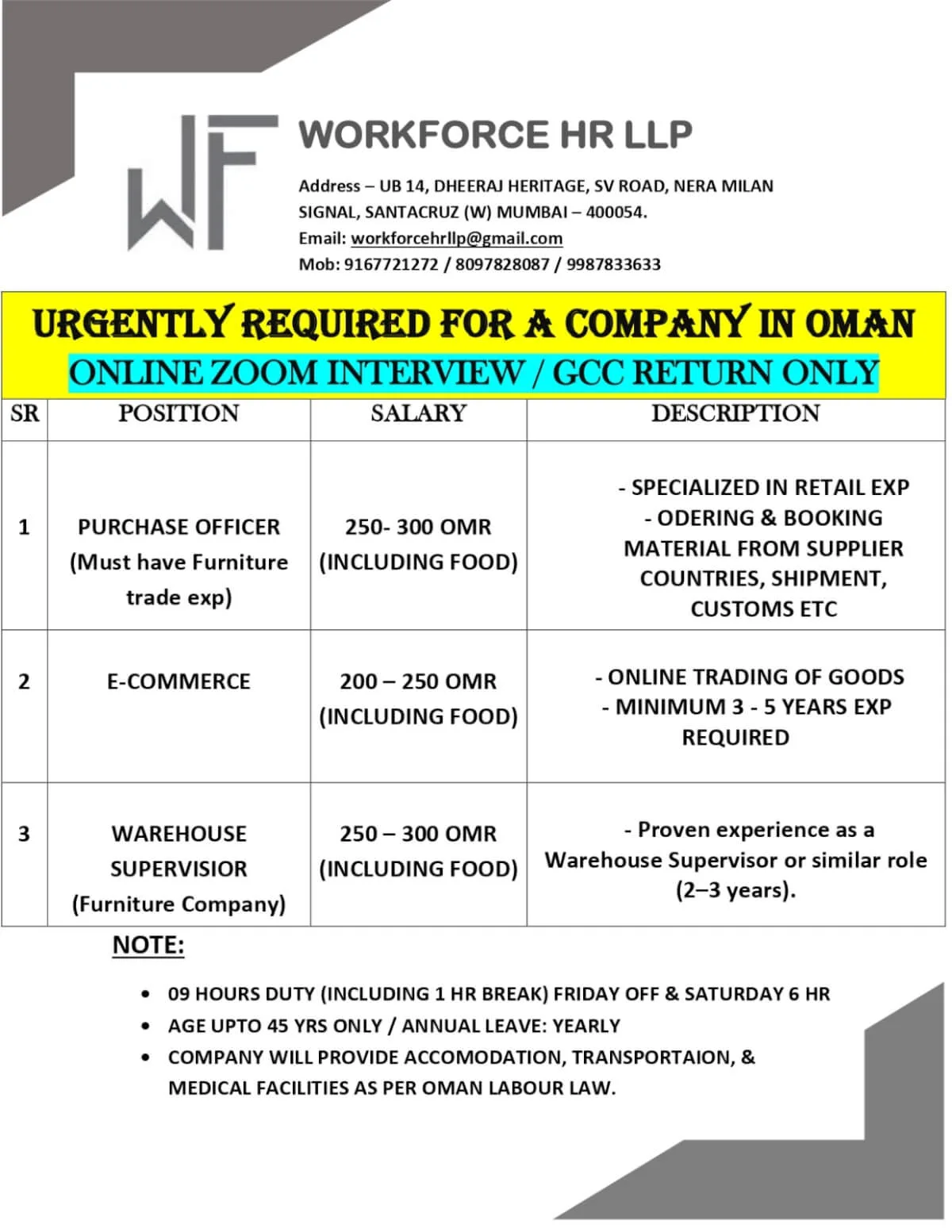 Urgently Required for a Company in Oman