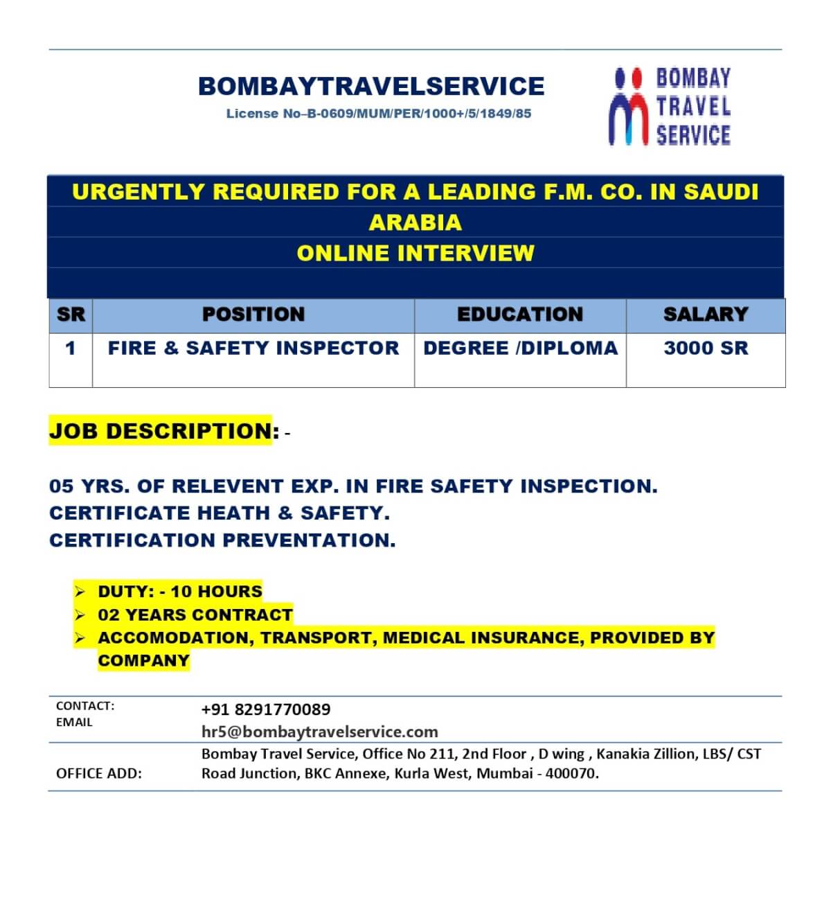 Urgently Hiring: Fire & Safety Inspector in Saudi Arabia