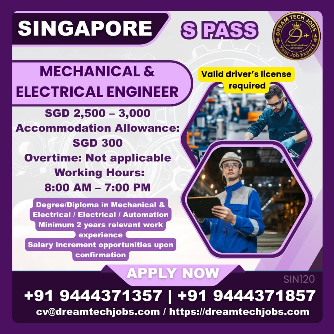 Mechanical & Electrical Engineer Jobs in Singapore – S Pass Opportunity