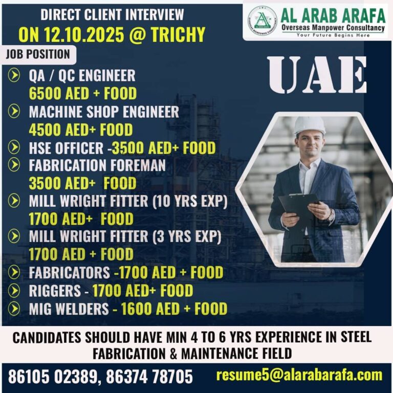 UAE Jobs 2025 – Direct Client Interview in Trichy