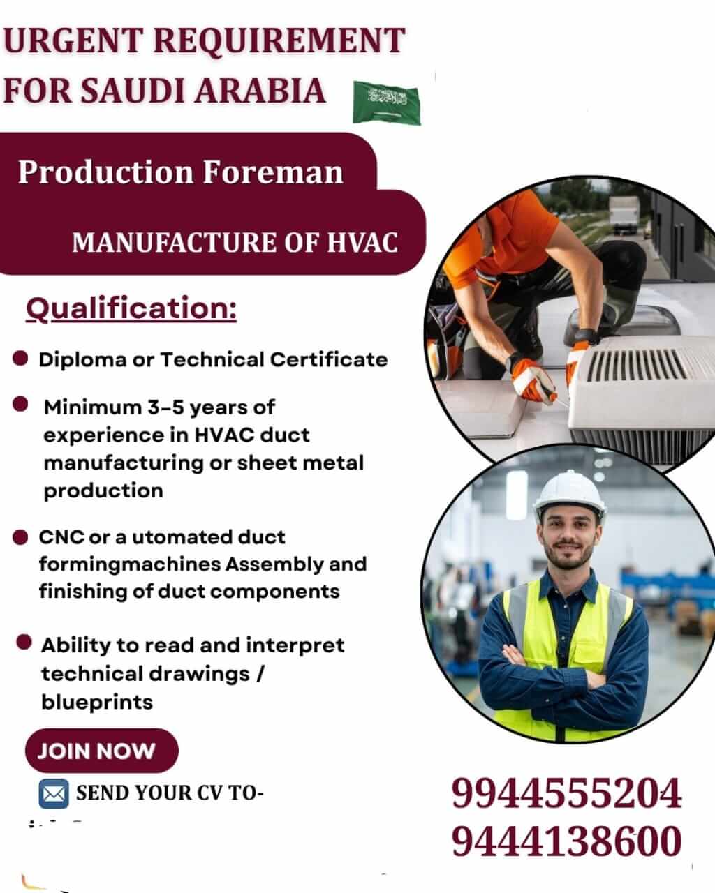 Urgent Requirement for Production Foreman in Saudi Arabia – HVAC Manufacturing