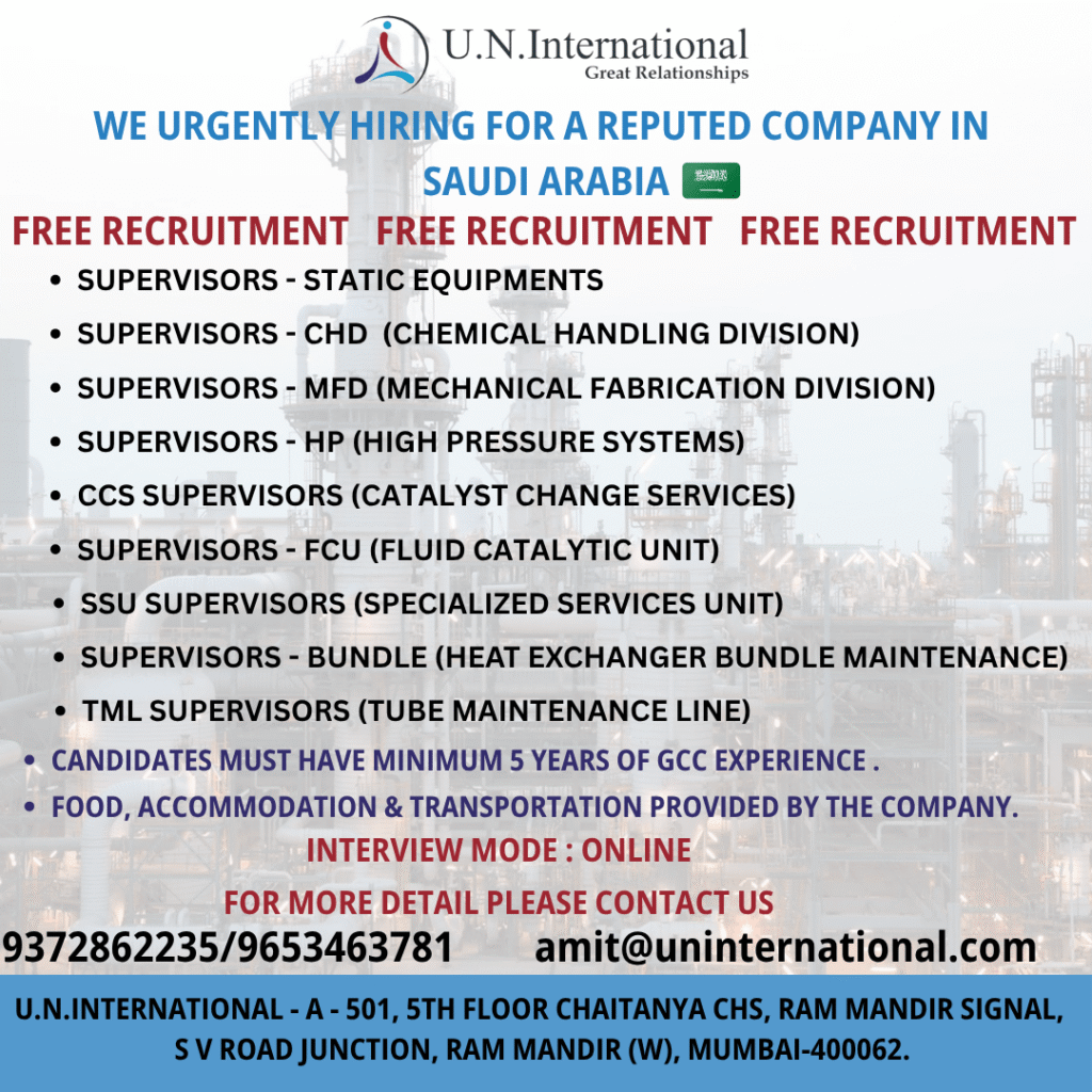 Urgent Hiring for Supervisors in Saudi Arabia 1 Urgent Hiring for Supervisors in Saudi Arabia