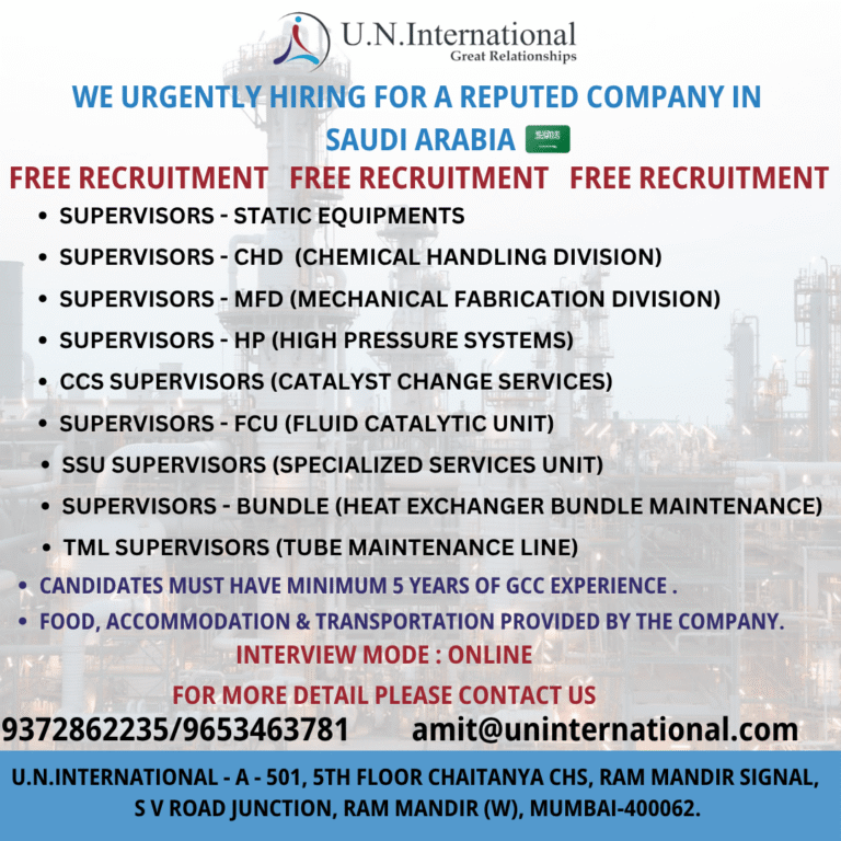 Urgent Hiring for Supervisors in Saudi Arabia