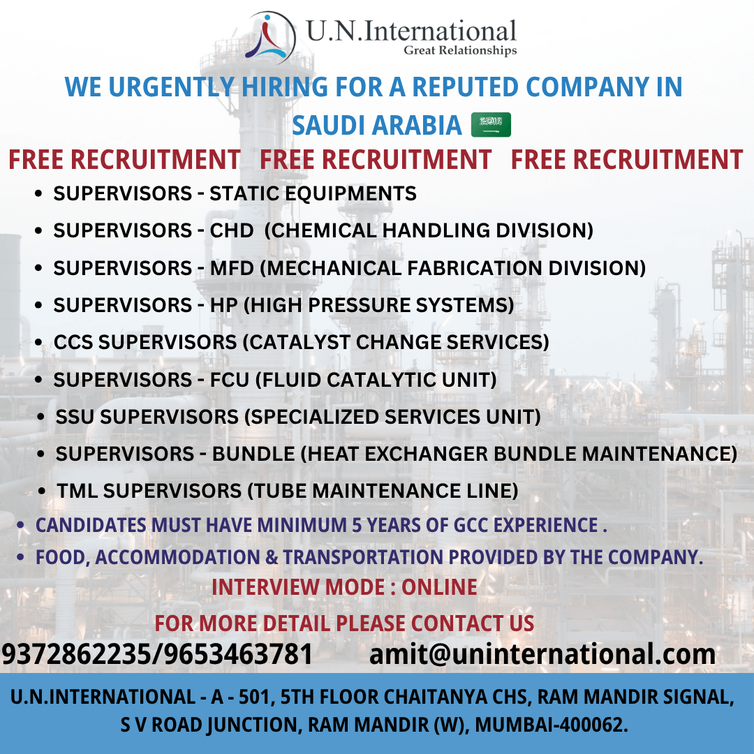 Urgent Hiring for Supervisors in Saudi Arabia