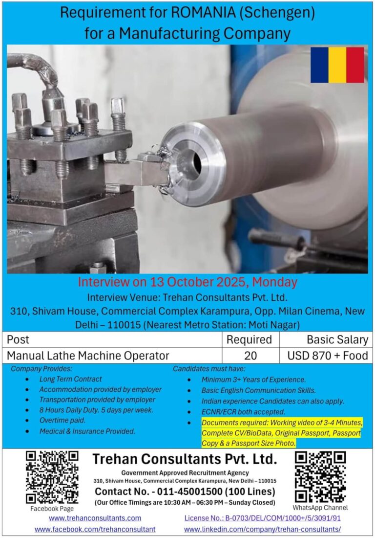 Romania Lathe Operator Jobs – Walk-in Interview