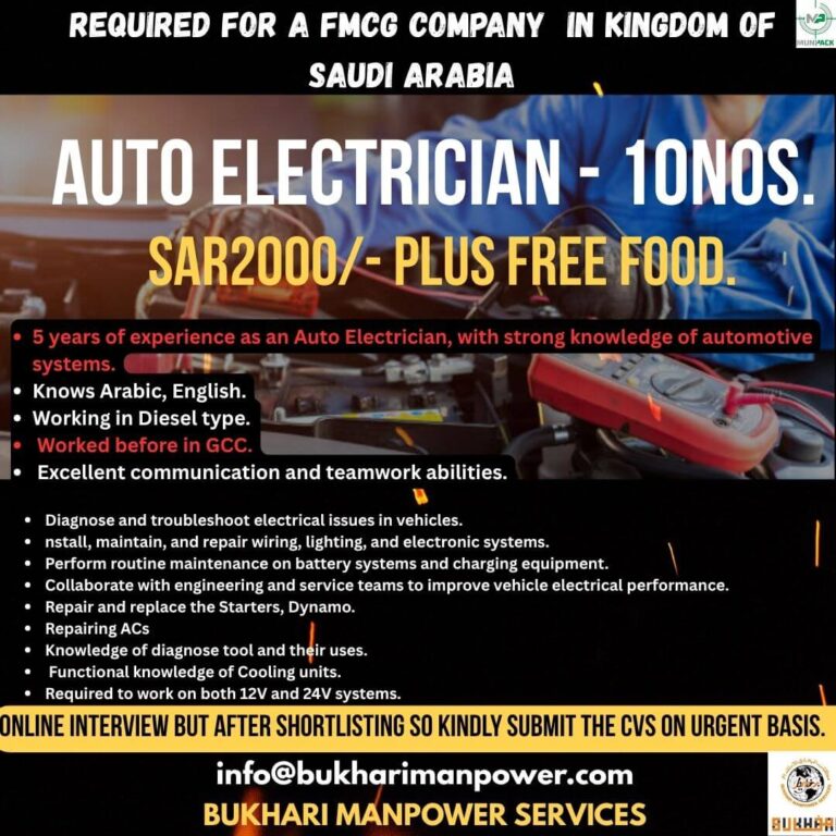 Auto Electrician Jobs in Saudi Arabia – 2025 Recruitment