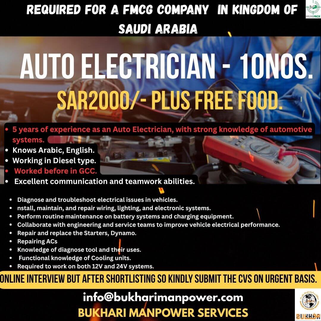 Auto Electrician Jobs in Saudi Arabia – 2025 Recruitment
