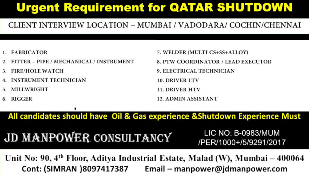 Urgent Requirement for Qatar Shutdown – Apply Now 1 Urgent Requirement for Qatar Shutdown – Apply Now