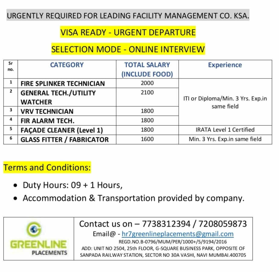 Urgently Required for Leading Facility Management Company in Saudi Arabia