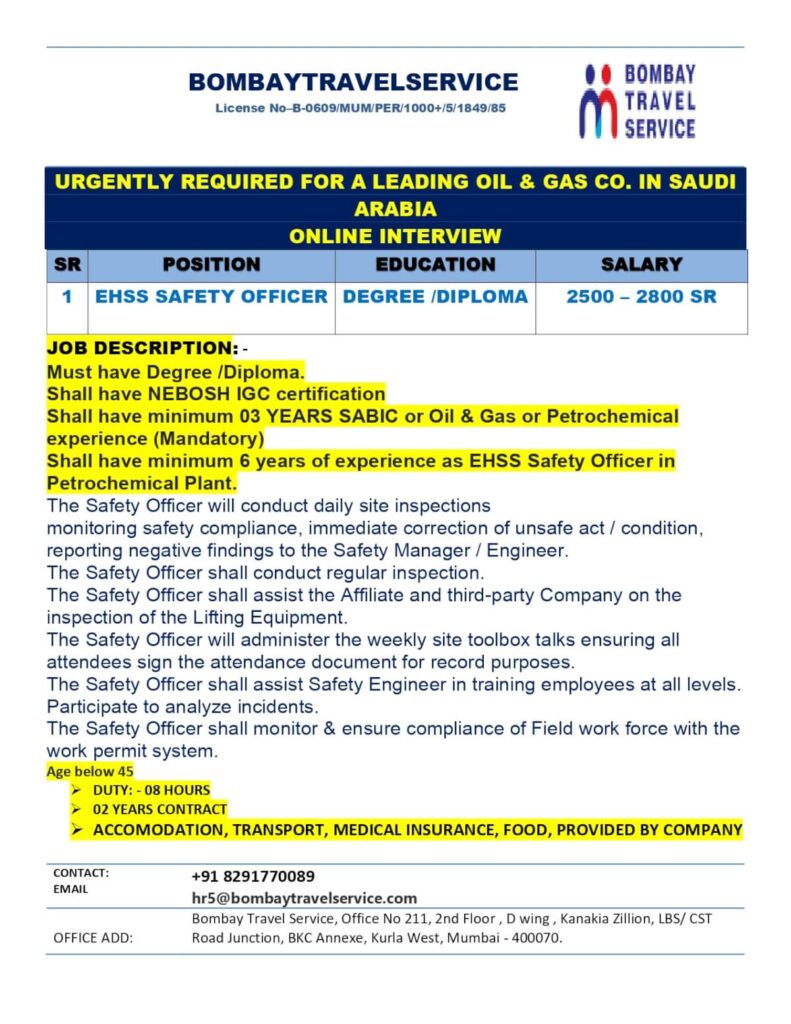 Urgently Hiring EHSS Safety Officer in Saudi Arabia 1 Urgently Hiring EHSS Safety Officer in Saudi Arabia