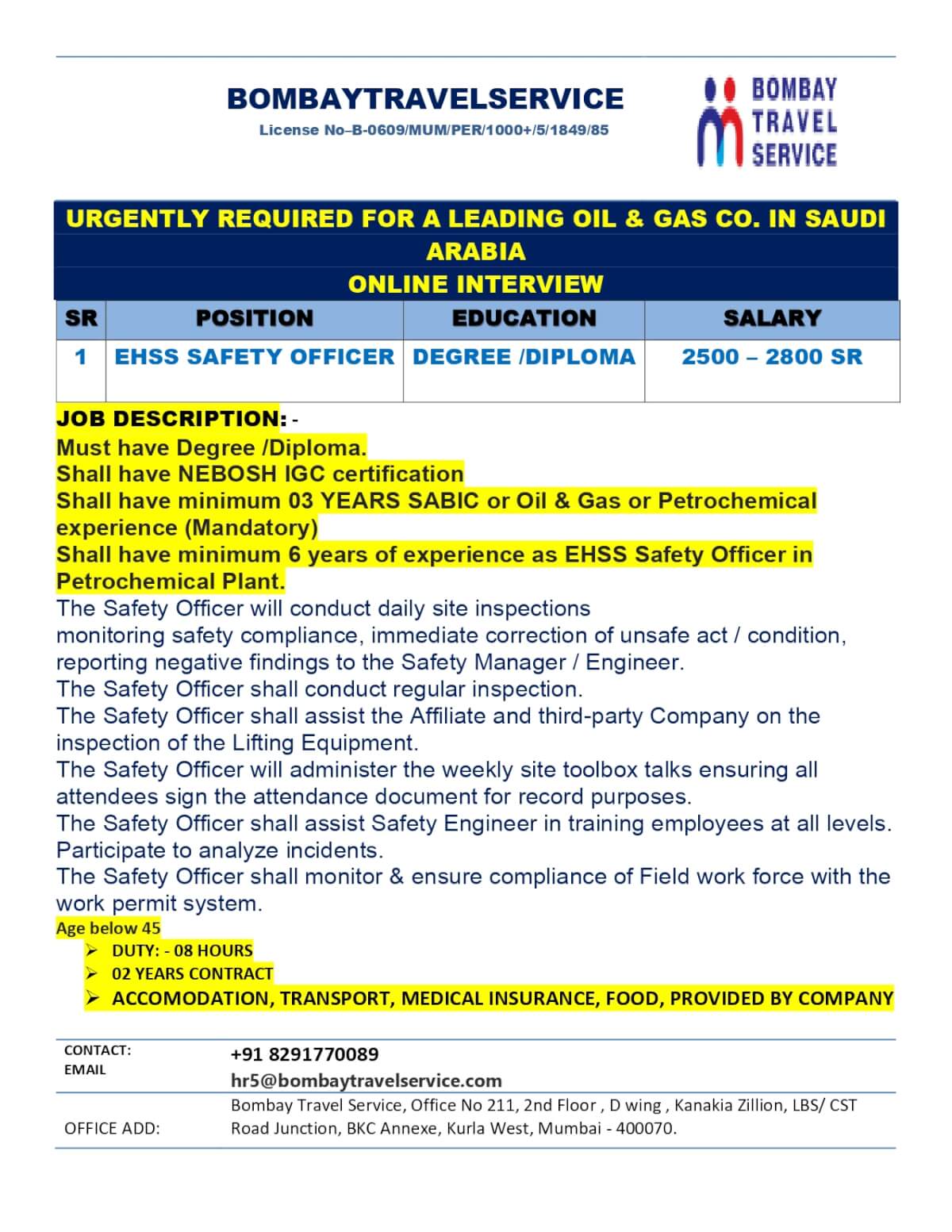 Urgently Hiring EHSS Safety Officer in Saudi Arabia