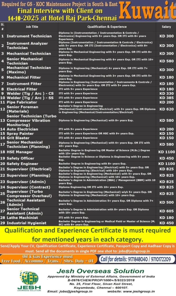 Kuwait KOC Maintenance Jobs | Final Interview Chennai