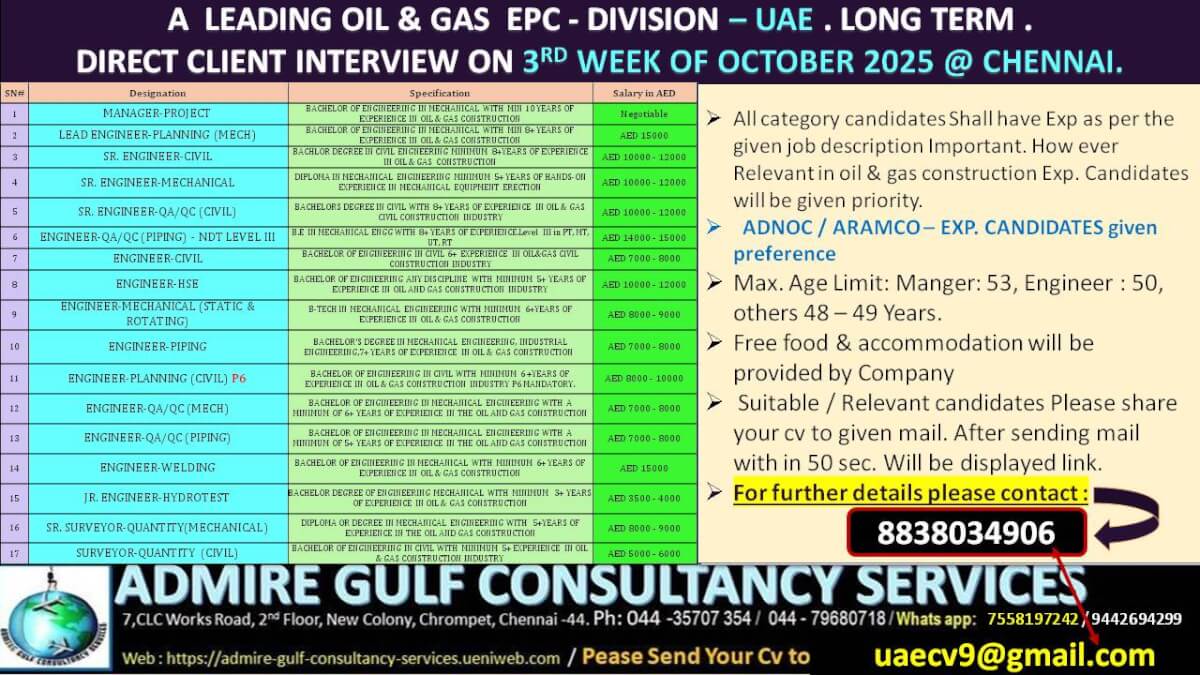 Oil & Gas EPC Jobs UAE | Direct Client Interview October 2025