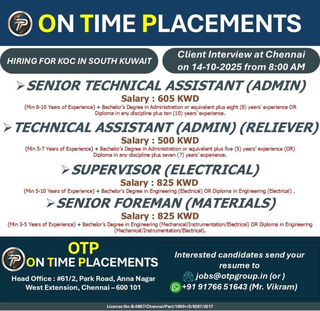 Kuwait KOC Jobs 2025 – Walk-in Interview in Chennai 1 Kuwait KOC Jobs 2025 – Walk-in Interview in Chennai