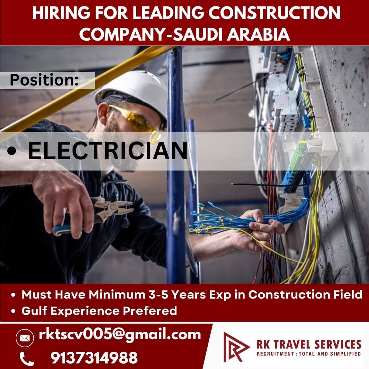 Electrician Jobs in Saudi Arabia – Leading Construction Company Hiring