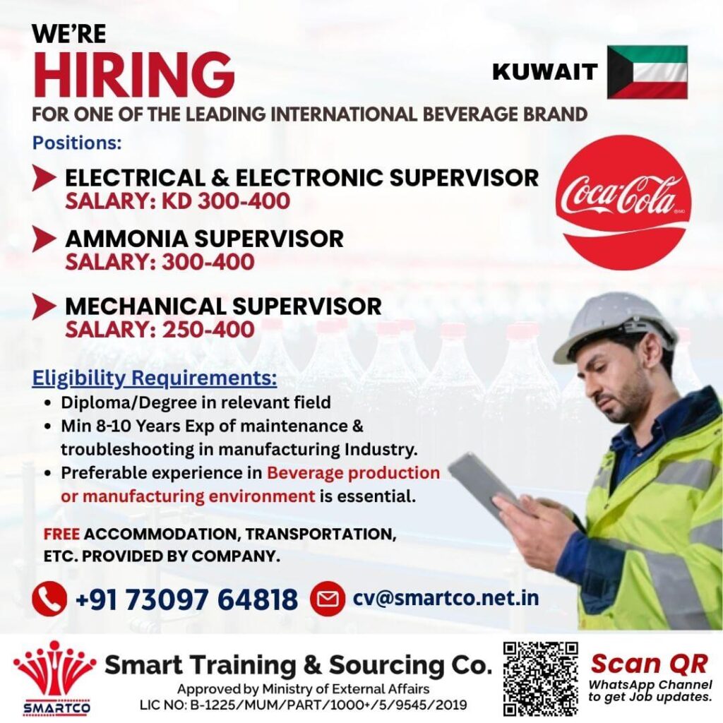 Electrical, Mechanical & Ammonia Supervisor Jobs in Kuwait – Leading Beverage Brand