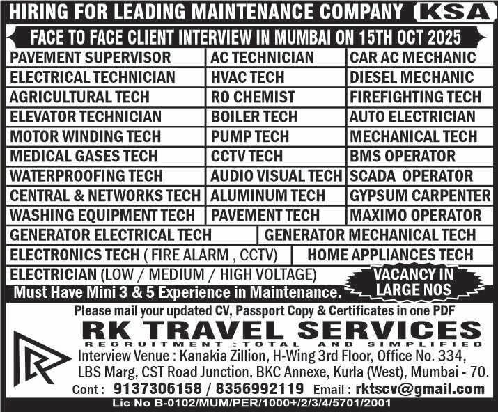 Saudi Maintenance Company Jobs 2025 – Interview in Mumbai