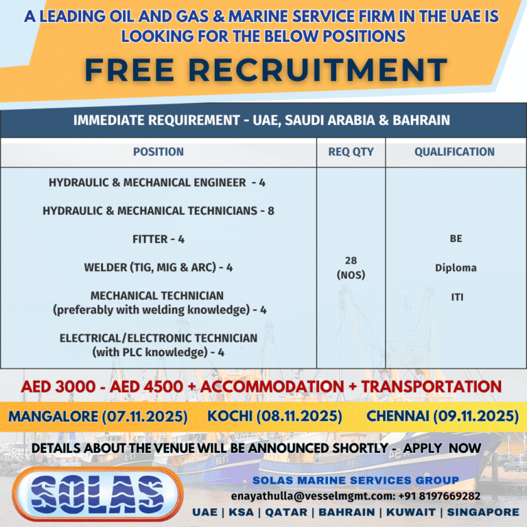 UAE Marine Jobs 2025 – Free Recruitment for Engineers & Technicians