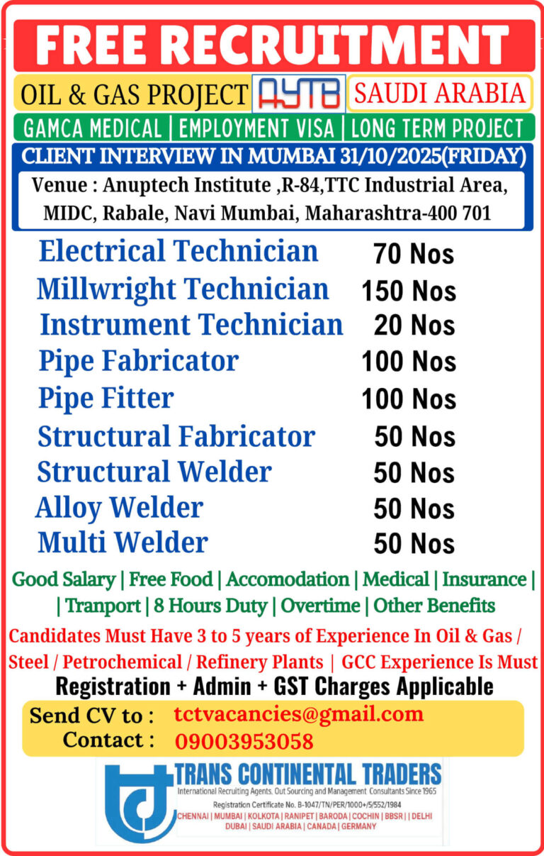 Saudi Arabia Oil & Gas Project Free Recruitment