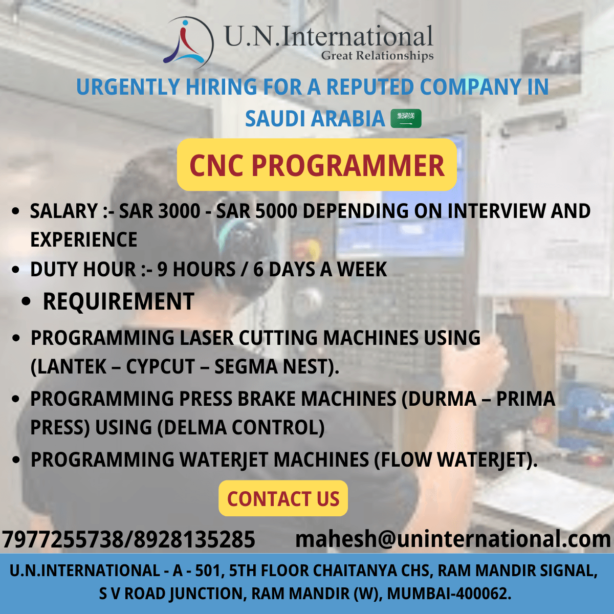 CNC Programmer Recruitment in Saudi Arabia 2025