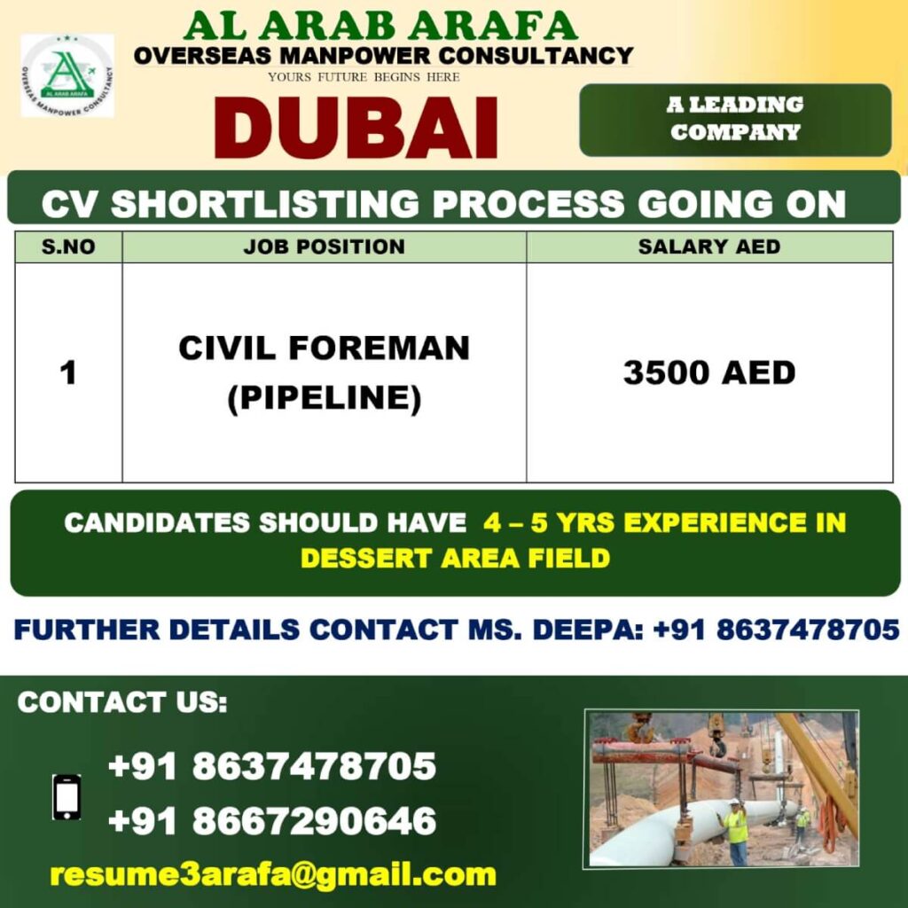 Civil Foreman Jobs in Dubai – Apply Now for Pipeline Project 1 Civil Foreman Jobs in Dubai – Apply Now for Pipeline Project