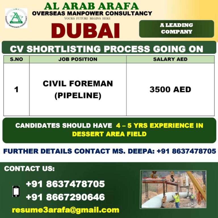 Civil Foreman Jobs in Dubai – Apply Now for Pipeline Project
