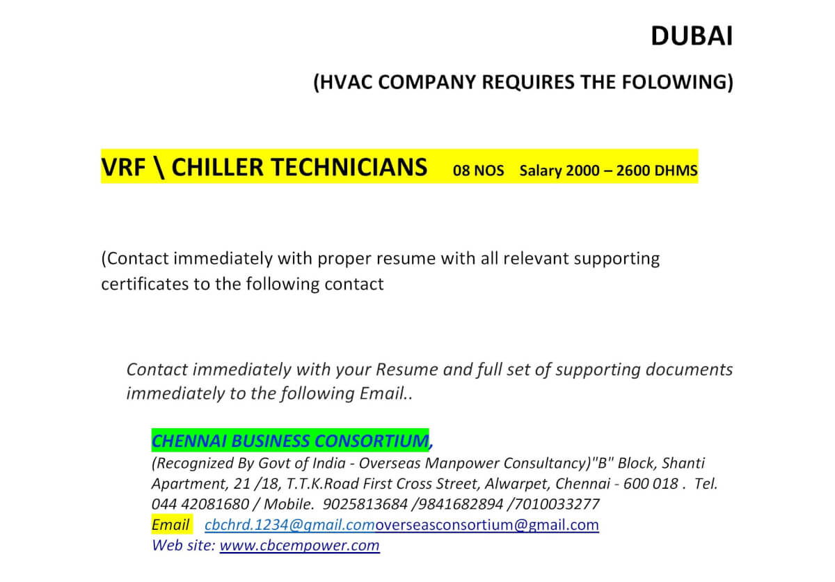 VRF Chiller Technician Jobs in Dubai | Apply Now