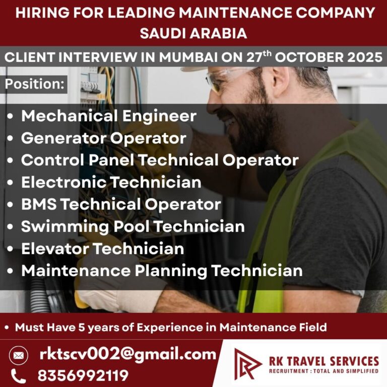 Hiring for Leading Maintenance Company in Saudi Arabia