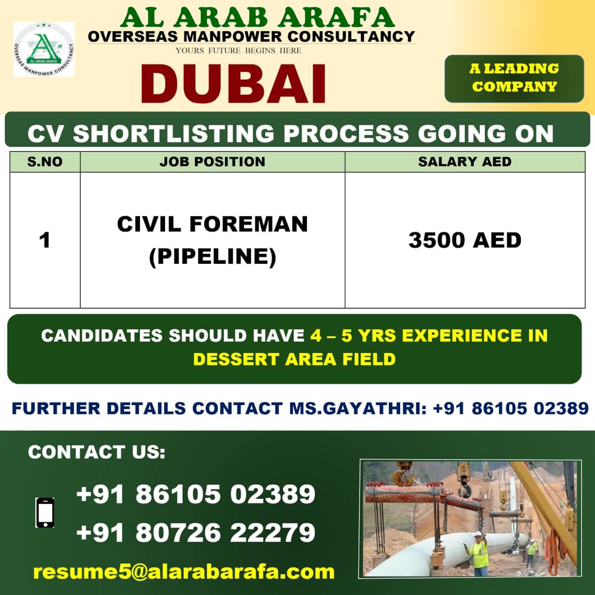 Civil Foreman Jobs in Dubai – Pipeline Projects