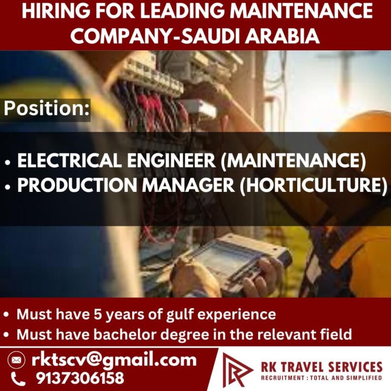 Electrical Engineer & Production Manager Jobs in Saudi Arabia