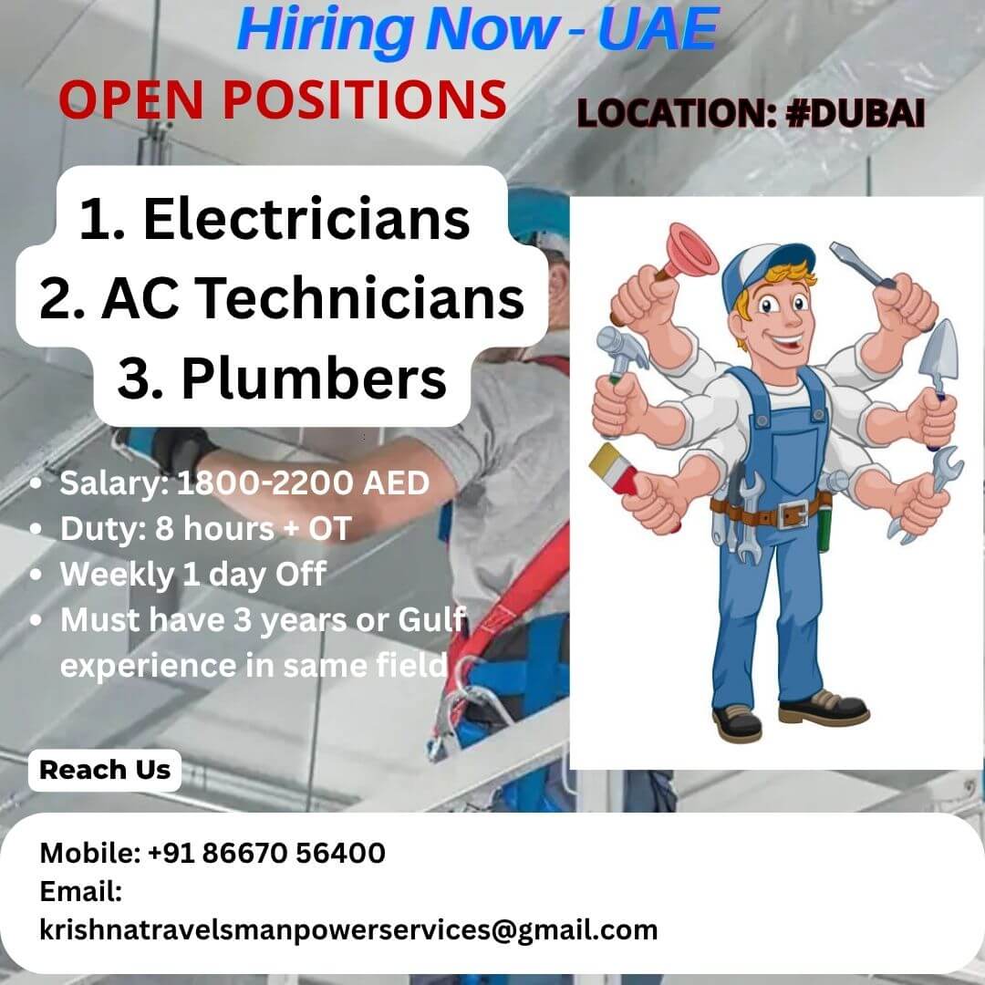 Electrician, AC Technician, and Plumber Jobs in Dubai – Apply Now