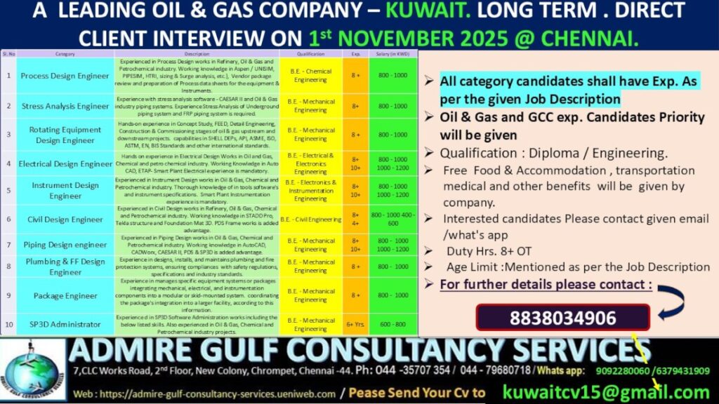 Kuwait Oil & Gas Jobs 2025 – Direct Client Interview in Chennai 1 Kuwait Oil & Gas Jobs 2025 – Direct Client Interview in Chennai