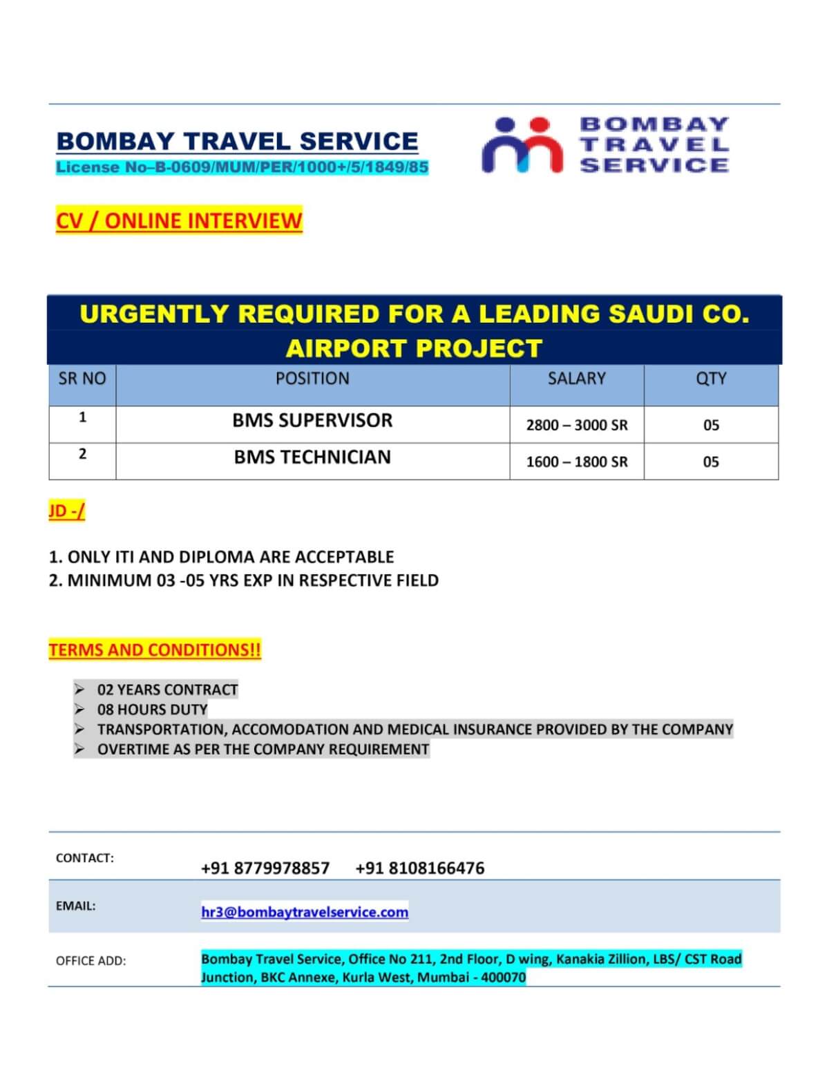 Urgently Hiring for Saudi Airport Project
