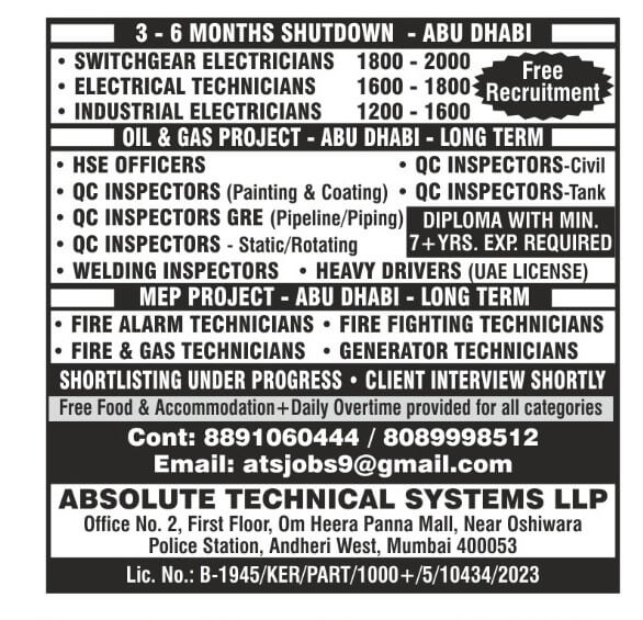 Abu Dhabi Shutdown & Long-Term Jobs – Free Recruitment