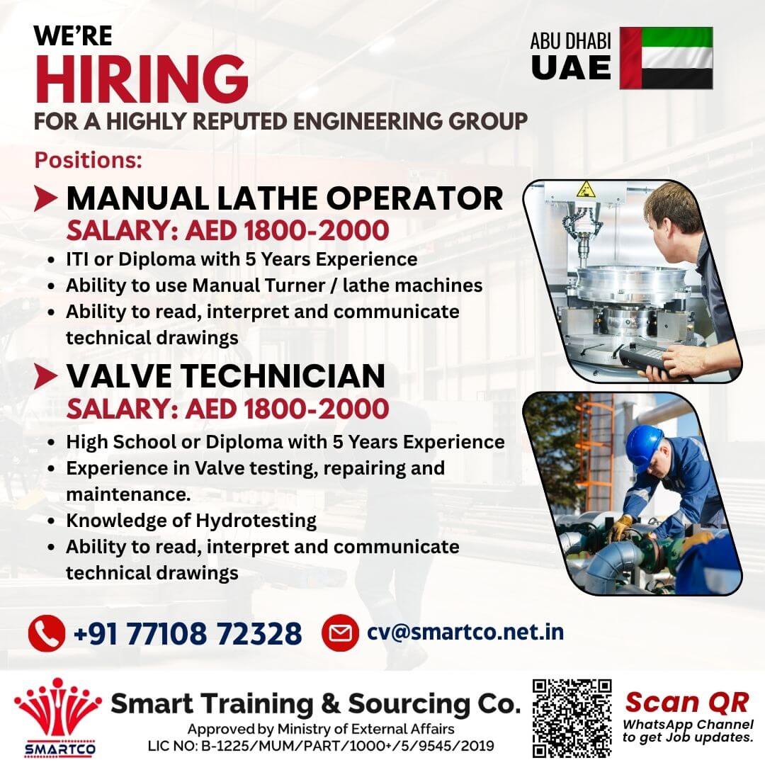 Manual Lathe Operator & Valve Technician Jobs in Abu Dhabi – Apply Now